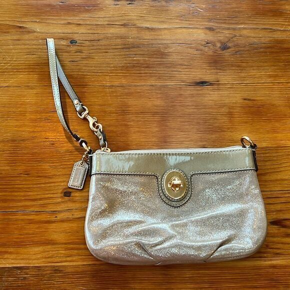 Coach Metallic Silver Wristlet Clutch Bag‎ with Gold Hardware and Leather Trim - Picture 1 of 9